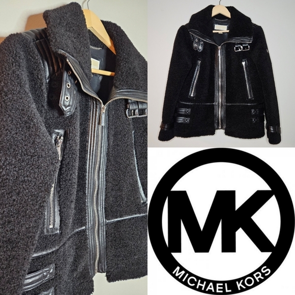 Michael Kors black faux curly wool Moto Jacket with Faux Leather Trim – Size L - Picture 1 of 12